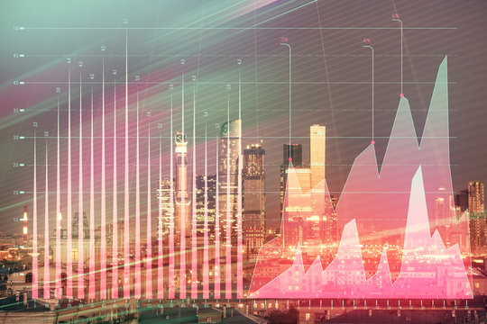 Double exposure of financial chart on Moscow city downtown background. Concept of stock market analysis