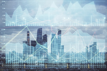 Double exposure of financial graph on downtown veiw background. Concept of stock market research and analysis