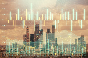 Double exposure of financial graph on downtown veiw background. Concept of stock market research and analysis