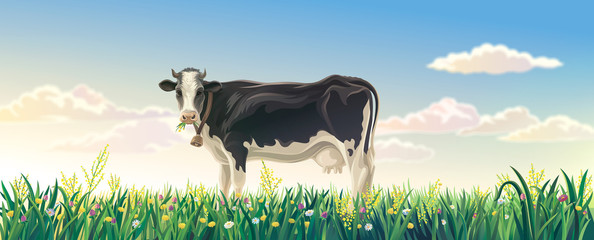 Rural summer landscape with cow. Cow in a rural meadow among flowering grasses. Raster illustration.