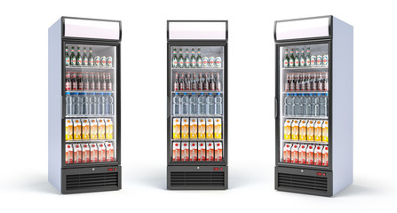 Fridge with drinks isolated on white. Set of showcase refrigerators with water, beer nad soda in the grocery shop.