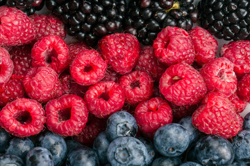 Fresh Summer Berries mix with Raspberry, Red currant, Blueberry and Blackberry on wood background.
