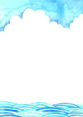 Cloud sky and ocean wave watercolor hand painting background.