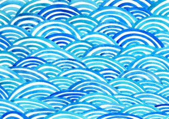 Oriental art ocean wave watercolor hand painting background.
