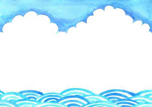 Cloud sky and ocean wave watercolor hand painting background.