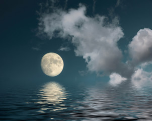 landscape with full moon sea water reflection color dark turquoise