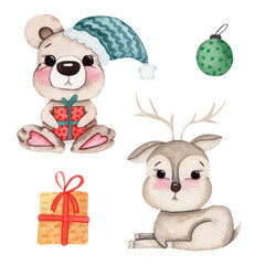 Watercolor winter forest friens illustration set