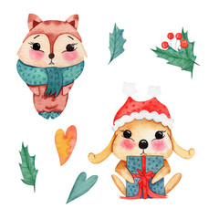 Watercolor winter forest friens illustration set