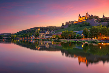 Wurzburg, Germany. Cityscape image of Wurzburg with Marienberg Fortress and reflection of the city...