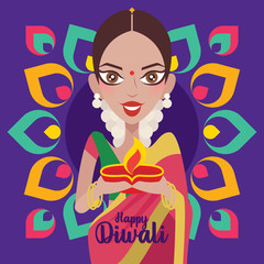 Happy Diwali. Beautiful Indian woman hands holding diya oil lamp, celebrating diwali with colourful Indian Rangoli background - vector