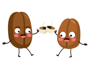Cute coffee beans characters toasting with espresso cups