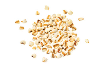 Closeup image of job's tears seeds pile also known as coix lacryma-jobi isolated at white background.