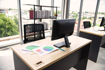 Modern office interior design with table, computer,  monitor, report and big glass window around the room without people