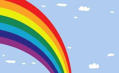 Obraz premium Rainbow in the light blue sky. Many cloudy weather in summer time, flat design. LGBT sign symbol