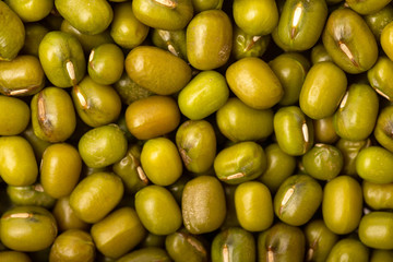 Closeup flatlay image of green mung beans as healthy food background.