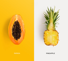 Creative layout made of papaya and pineapple. Flat lay. Food concept.