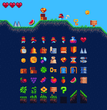 2d Platformer set for pixel art style game, isolated vector. 8 Bit  cartoon game background, mobile game assets. Adventure arcade quest gameplay scene with ground, grass, sky, coin, hearts, character.