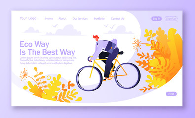 Concept of landing page on ecology, environmentally friendly transport and healthy, active lifestyle theme. Businessman ride on bicycle to work. Illustration for mobile website development, homepage.