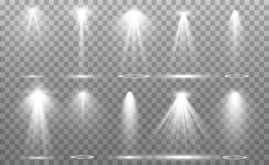 Searchlight collection for stage lighting, light transparent effects. Bright beautiful lighting with spotlights.