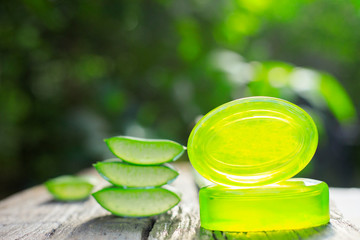 Chemical free soap, handmade soap with aloe vera against natural bokeh background, cosmetics, aloe vera