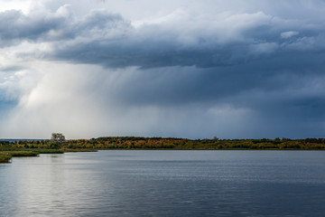 nature, water, landscape, early, autumn, cloudy, day, sky, clouds, clouds, space, distance, horizon, trees, river, water, opposite, shore, walk, observation, element, rain, downpour, bad weather, bad 