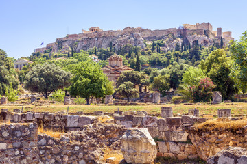 Agora in Athens overlooking famous Acropolis, Greece. Scenic view of the old Athens center in...