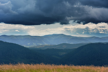 A wonderful walk along the ridge in the Ukrainian Carpathians amidst the scent of flowers, the dramatic cloudy sky before the rain with a thunderstorm.