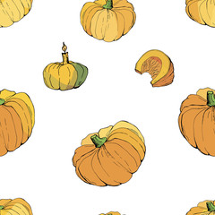 seamless background of  isolated pictures of whole pumpkins and pieces, doodles 