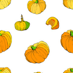 seamless background of   vector isolated pictures of whole pumpkins and pieces, doodles 
