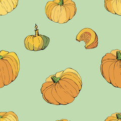 seamless background of  isolated pictures of whole pumpkins and pieces, doodles 