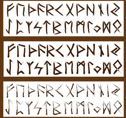 Scandinavian set three brown brush alphabet runes.