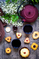 Fototapeta na wymiar Japanese teapot with cookies. Top view