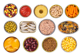 Canned food isolated on white background, top view
