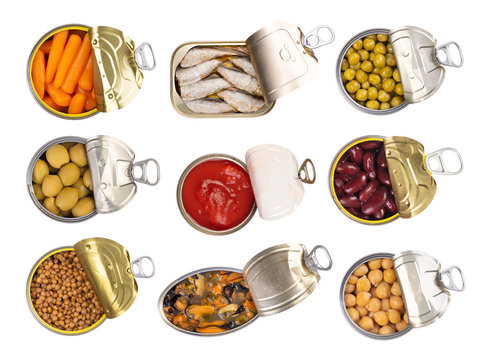 Canned Food Isolated On White Background, Top View