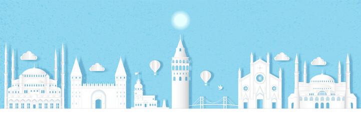 Travel turkey architecture of istanbul landmark in turkey cityscape and the river with panoramic views , origami style paper for travel postcards, Vector illustration.