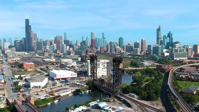 Chicago,Illinois/USA-September 19st, 2019: aerial drone footage of the Chicago metropolitan downtown area near Chinatown.  a beautiful skyline on display as the Chicago river outline the scene