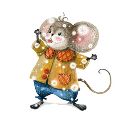 Cute Christmas mouse in a cartoon style catches snowflakes. Watercolor christmas illustration