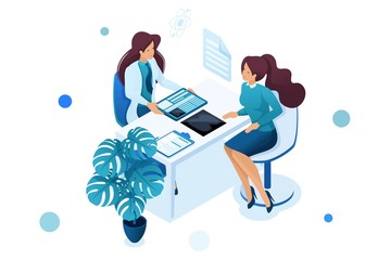 Young woman doctor advises the patient. Health care concept. 3d isometric. Concept for web design