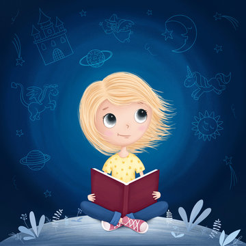 Little girl reading a book and dreaming