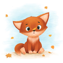 Little Fox catches autumn leaves