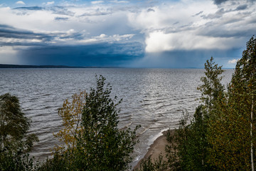 nature, landscape, beauty, early, autumn, cloudy, day, sky, clouds, space, distance, horizon, river, water, shore, cliff, trees, birch, grove, grass, path, bad weather, bad weather, element, wind, res