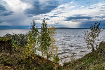 nature, landscape, beauty, early, autumn, cloudy, day, sky, clouds, space, distance, horizon, river, water, shore, cliff, trees, birch, grove, grass, path, bad weather, bad weather, element, wind, res