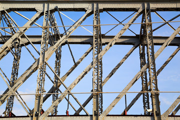   Fragment of a metal railway bridge.Side view.
