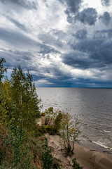 nature, landscape, beauty, early, autumn, cloudy, day, sky, clouds, space, distance, horizon, river, water, shore, cliff, trees, birch, grove, grass, path, bad weather, bad weather, element, wind, res
