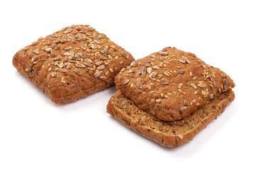 Whole grain rye bread slices, Healthy nutrition, bio organic food, isolated on white background