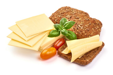 Toast soft cheese slices with Whole grain rye bread slices, isolated on white background