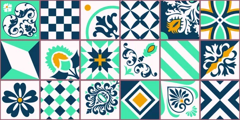 Gordijnen Lissabon geometrische Azulejo tegel vector patroon, Portugese of Spaanse retro oude tegels mozaïek, mediterrane naadloze turquoise en geel design. Sier textiel achtergrond © andrei