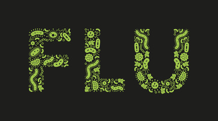 Green germs / bacteria spelling the word Flu on a black background - Vector illustration