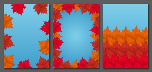 Set of autumn templates for poster, flyer, card, booklet, brochure or cover with colorful falling maple leaves backdrop. Vector, eps 10.