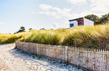 A small wooden beach cottage, partially hidden by wild grasses behind a wooden fence, protruding above the dune in front of the sea on a sunny summer morning.
